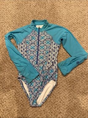 Coolibar Teal and Blue Patterned Long Sleeve Rashguard Swimsuit